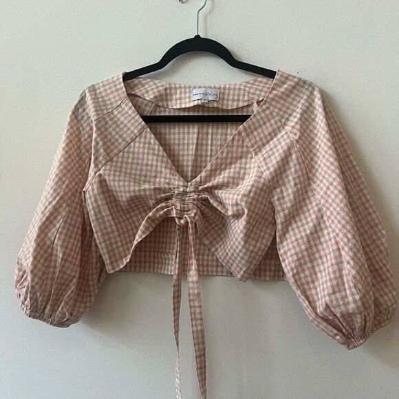 Chriselle x J.O.A Women's Pink Gingham Balloon Sleeve V-Neck Crop Top Size XS - Picture 2 of 8